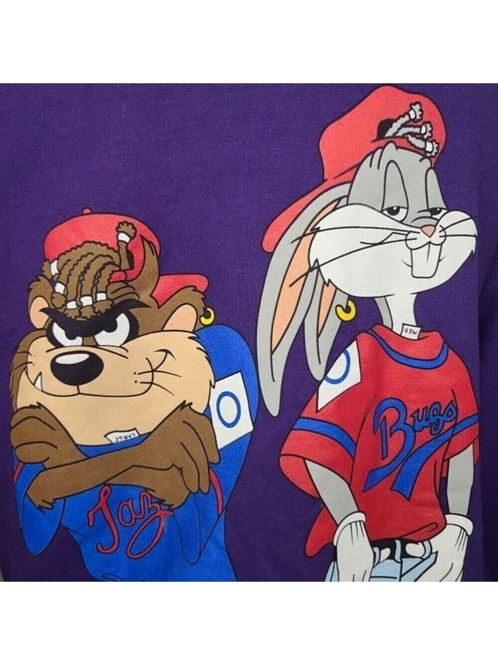 Looney Tunes Bugs Bunny Tasmanian Devil Baseball Purple Crewneck Vintage Sweater - Picture 2 of 8